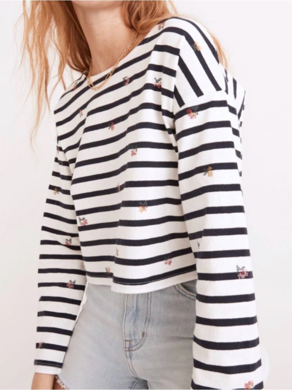 Striped Cropped Knit Top with Tiny Floral Cross Stitch